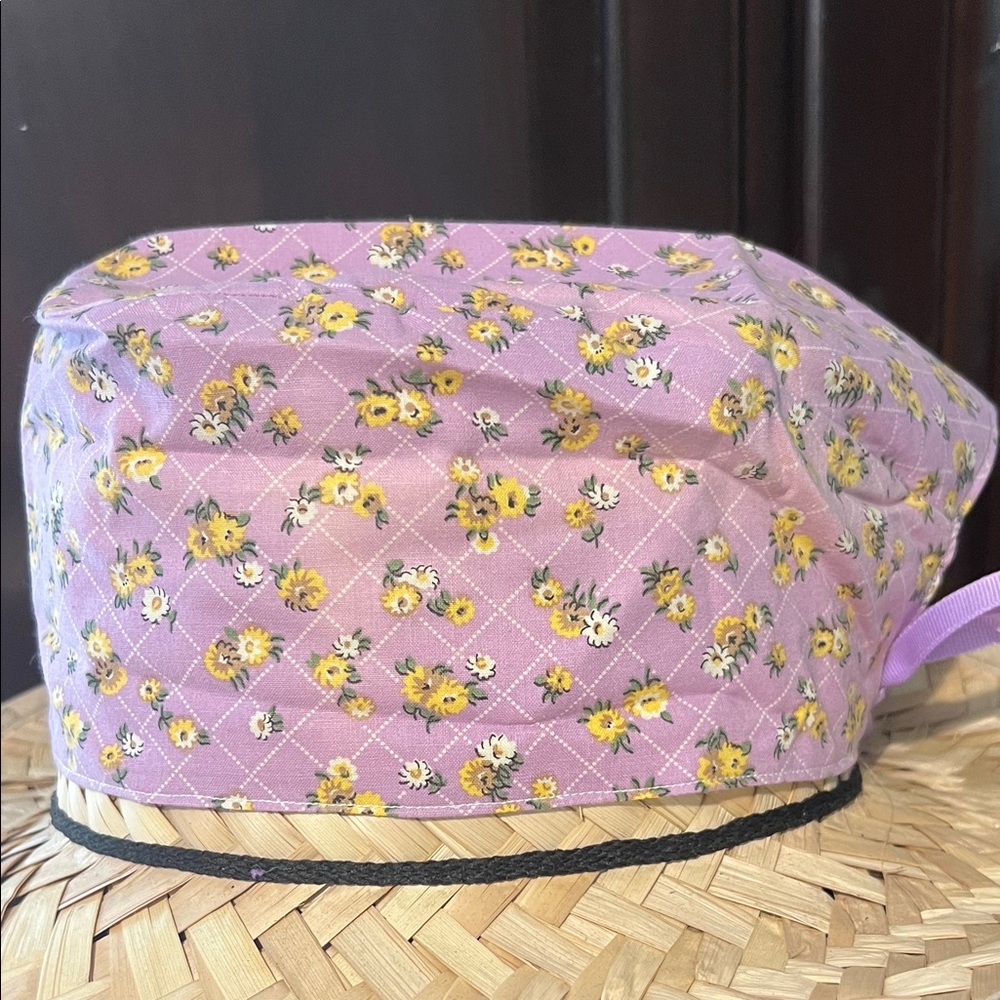 Purple Floral scrub cap W/light yellow lining